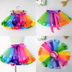 three pictures of different colored tulle skirts on a mannequin headdress