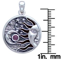 Crafted of the finest .925 Sterling Silver, this pendant showcases a sun, moon, and stars design. A genuine round-cut purple Amethyst accents this celestial piece. This highly polished pendant is strung on an 18 inch sterling silver box chain that secures with a spring ring clasp. This necklace is sure to get attention. Peter Stonecopy; Jewelry Designs are exclusive and protected by Copyright Laws. Metal: .925 Sterling Silver; Finish: High polish; Accented with a 3mm genuine purple Amethyst Appr