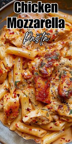 the pasta dish is prepared and ready to be eaten with chicken mozzarella sauce