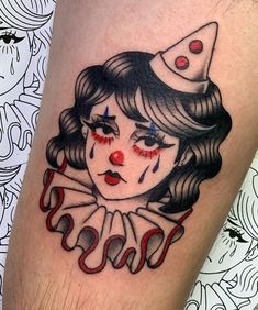 Pretty Clown Tattoo, Traditional Style Clown Tattoo, Circus Clown Tattoo, Clown Lady Tattoo, Trad Clown Tattoo, Matching Clown Tattoos, Old Clowns Vintage, Clown Pinup Tattoo, Rodeo Clown Tattoo