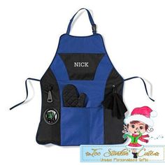 an apron with the name nick on it next to a christmas ornament sticker