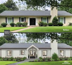 before and after pictures of a house in the middle of a yard with landscaping around it