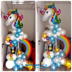 two pictures of balloons in the shape of a unicorn with stars and rainbows on it