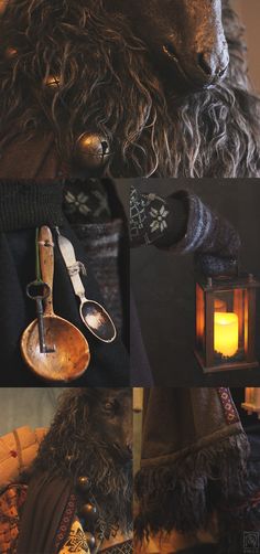 a collage of photos showing an old man with long hair and beard, holding a lit candle in his right hand