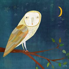 an owl is sitting on a tree branch with the moon in the sky behind it