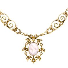 With a carved shell cameo measuring app. 12.5mm x 8.8mm, additionally set with half pearls* ranging in size from 1.1mm - 2.4mm, fashioned in 14k yellow gold. Circa 1900.*All pearls are assumed to be cultured unless specified natural. Horn Necklace Boho, Antique Jewelry Victorian, Tusk Necklace, Crescent Moon Necklace Gold, Double Horn Necklace, Victorian Cameo, Edwardian Jewelry, Diamond Cross Necklaces, Horn Necklace