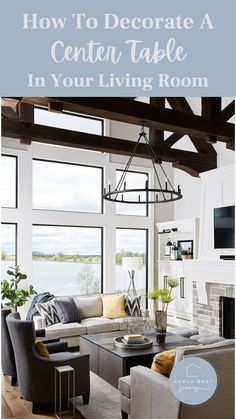 a living room with couches and tables in front of large windows that look out onto the water