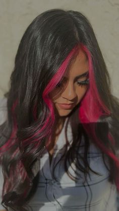 Magenta Halo Hair, Red Money Peice Black Hair, Dark Brown Hair With Red Halo, Red Hair With Pops Of Color, Blue And Pink Highlights In Black Hair, Dark Red Ends On Black Hair, Dark Red Halo Hair, Dark Hair With A Pop Of Color, Black And Pink Money Piece