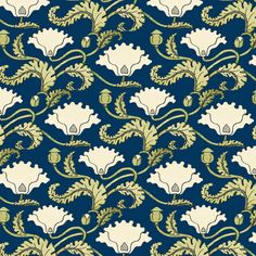 a blue background with white flowers and green leaves on the bottom right corner is an ornate design