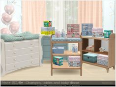 a baby's room with lots of items on the table and in the bed