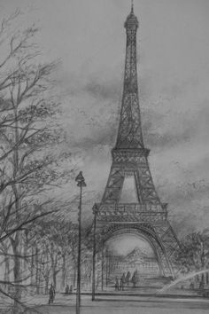 a drawing of the eiffel tower in paris, france with people walking around