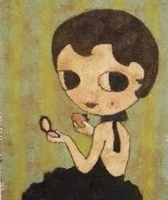 a painting of a girl holding a donut in her hand