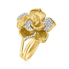 Ross-Simons - .14 ct. t. w. Diamond Flower Ring in 18kt Gold Over Sterling. Size 9. Showing off a realistic bloom in 18kt yellow gold over sterling silver, this beautiful flower ring glows with .14 ct. t. w. diamonds in a stunning display of sparkle. Textured and polished finishes. White rhodium. 3/4" wide. Diamond flower ring. Diamond birthstones are the perfect gift for April birthdays. Formal Yellow Gold Diamond Flower Ring, Yellow Gold Diamond Cut Flower Ring, Formal Flower Shaped Jewelry With Pave Setting, Yellow Gold Flower Diamond Ring With Prong Setting, Yellow Gold Flower-shaped Diamond Ring, Yellow Gold Flower Ring With Diamond Accents, Formal Yellow Gold Diamond Ring With Flower Shape, Formal Yellow Gold Flower Shaped Diamond Ring, Formal Yellow Gold Flower-shaped Diamond Ring