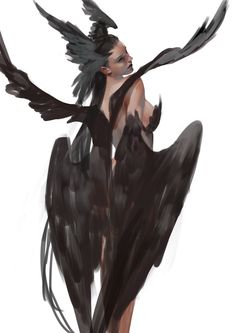 a drawing of a woman with black feathers on her head and wings in the air