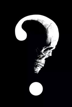 a black and white image of a skull with a question mark on it's face