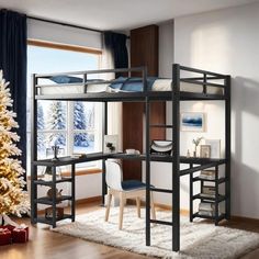 a bedroom with a bunk bed, desk and christmas tree