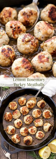 lemon rosemary turkey meatballs in a cast iron skillet