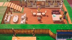 an aerial view of a living room and dining area in the animal crossing game,