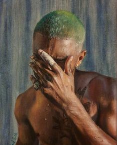 a painting of a man with green hair holding his face in front of his hands