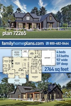 two story house plan with 3 bedroom and 2 bathrooms in the front, an open floor plan