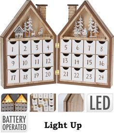 two wooden house shaped calendars with lights on each side and numbers in the middle