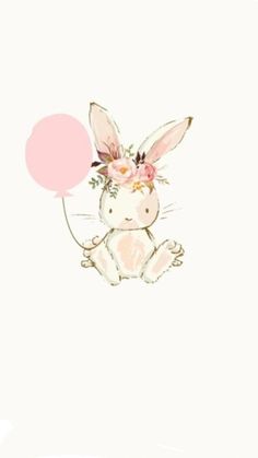 a white rabbit holding a pink balloon with flowers on it's head and wearing a flower crown