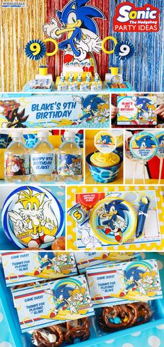 sonic the hedgehog birthday party supplies including plates, napkins and candy bar wrappers