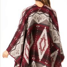 Lovely Burgundy/Tan/Gray/Black Aztec Print Ruana Wrap, Open Front Poncho By Sakkas. Width 55", Length 61". 100% Acrylic Recently Ordered New But Never Wore. This Cardigan Wrap Will Complement Any Outfit. Super Soft Feel Makes This Scarf A Dream. It's Generous Size Will Allow You To Wear It As A Shawl, Poncho, Sweater, Or Cape. Many Ways To Style: Wear It Open At Front, Draped Down With One Side Over Shoulder, Wear As Neck Scarf Or Wrap. Follow Care Instructions To Have This Lovely Garment Last Y Casual Red Cape For Fall, Casual Red Cape For Autumn, Open Front Poncho, Ruana Wrap, Poncho Sweater, Wrap Cardigan, Cardigan Top, Neck Scarf, Fall Fashion Outfits