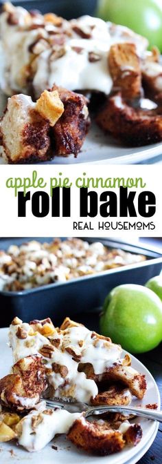 apple pie cinnamon roll bake on a white plate