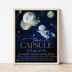 this is an image of a poster for a baby's first birthday with space and stars