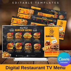 the digital restaurant tv menu is displayed on a wooden table