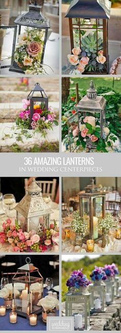 an assortment of lanterns with flowers and candles on them are featured in this collage