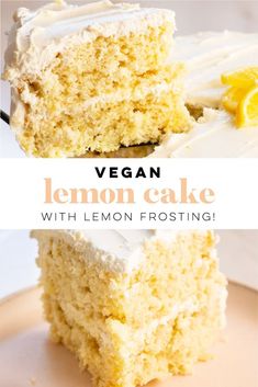 a slice of vegan lemon cake with lemon frosting