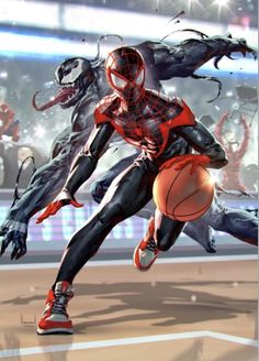 an image of a spider man playing basketball