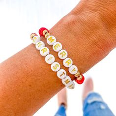 Our bracelets are handmade with high quality beads. Adult bracelet - Standard size- Fits wrist size 7.5" comfortably Word Bracelets, Word Bracelet, Christmas Words, Baby Bracelet, Christmas Bracelet, Bracelet Diy, Santa Baby, Diy Bracelets, Christmas Themes