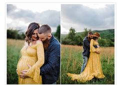 a pregnant woman in a yellow dress hugging her husband