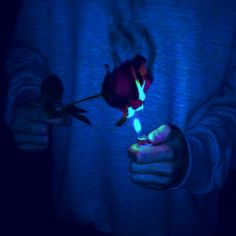 a person holding a flower in their hand with blue light shining on the flowers behind them