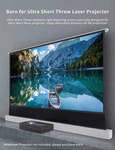 an advertisement for the ultra short throw laser projector, with boats on the water