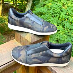 New Never Worn Slip On With Goring Panel At The In Step Padded Collar Heel Height 1/2 Inch Camo Sneakers, Black Green, Womens Shoes Sneakers, Camo, Heel Height, Shoes Sneakers, Slip On, Women Shoes, Collar