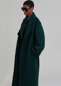 Wool Pea Coat With Belted Cuffs For Work, Green Belted Long Coat, Dark Green Outerwear For Winter Workwear, Classic Green Wool Coat, Green Wool Coat For Work, Chic Green Wool Outerwear, Green Wool Coat With Pockets For Fall, Green Wool Long Coat For Work, Oversized Green Wool Outerwear