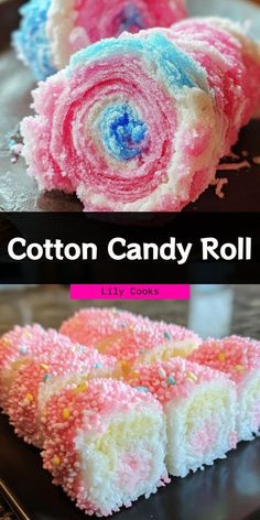 cotton candy roll cake with sprinkles on top and the bottom half rolled up