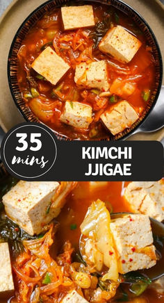 two pictures with different types of food in them and the words kimchi jigae