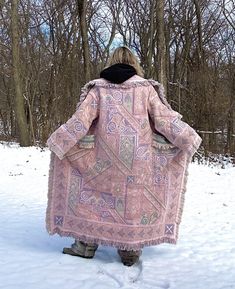 "Introducing my latest creation! Took two beautiful vintage woven afghan tapestries and upcycled them into a cozy, one of a kind maxi length blanket coat.  Double front pockets and toggle closure for added functionality. Features gorgeous pastel pink, purple, green and cream paisley heart print. Dreamy, boho wanderlust vibes. Sure to turn heads wherever you may roam. Measurements: Overall length: 55\" Pit to pit laying flat: 23\" Shoulder seam to wrist: 22\" 100% cotton. Machine wash, tumble dry Bohemian Pink Outerwear With Pockets, Pink Bohemian Outerwear With Pockets, Oversized Bohemian Pink Outerwear, Oversized Pink Bohemian Outerwear, Pastel Blanket, Paisley Heart, Pastel Cottage, Quilt Coat, Blanket Coat