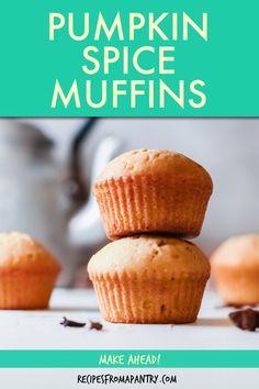 pumpkin spice muffins stacked on top of each other with the title overlay