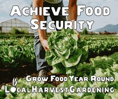 a man standing in a field with lettuce and the words achieve food security grow food year round yard or container growing