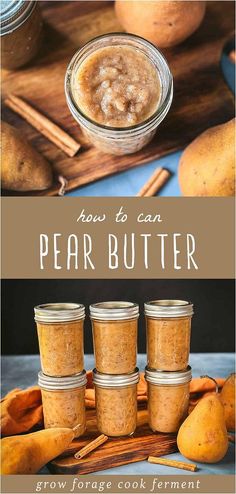 three jars filled with peanut butter on top of a wooden table next to pears