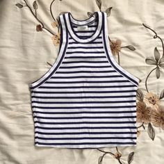 Garage Brand Navy Blue And White Stripped High Neck Crop Top Size Small! Nwot Casual White Tank Top With Contrast Stripes, Striped Ribbed Tops For The Beach, Striped Ribbed Tops For Beach, Trendy Blue Top With Contrast Stripes, High Neck Crop Top, Neck Crop Top, High Neck, Crop Top, Garage