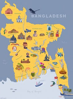 an illustrated map of bangladesh with all the major cities and their respective towns in yellow