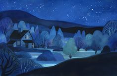 a painting of a night scene with houses and trees