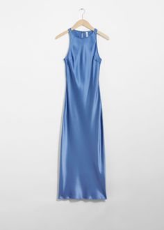 Sleeveless satin midi dress finished with bust darts.  • Slim fit • Concealed centre back zip closure Length of dress: 123cm / 48.4" (EU 36 / UK 8 / US 4) Blue Dress For Wedding Guest, Satin Dress Ideas, Light Blue Bridesmaid, Our Lady Of Mount Carmel, Blue Slip Dress, Summer Midi Dress, Blue Granite, Dusty Blue Bridesmaid Dresses, Blue Silk Dress